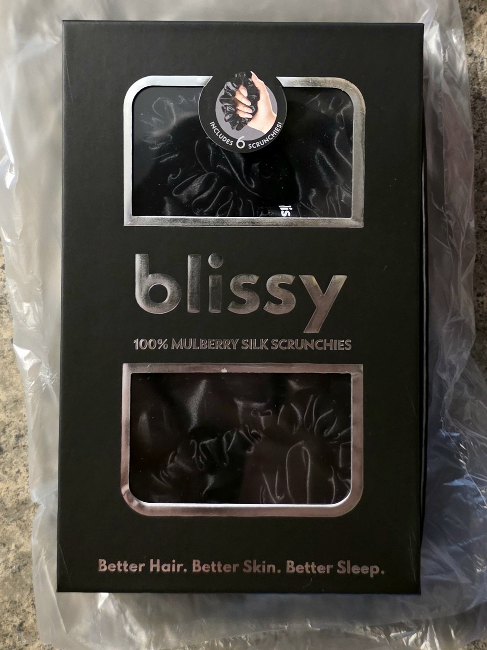 Bliss Black Mulberry Silk Scrunchies Set - Picture 3 of 6